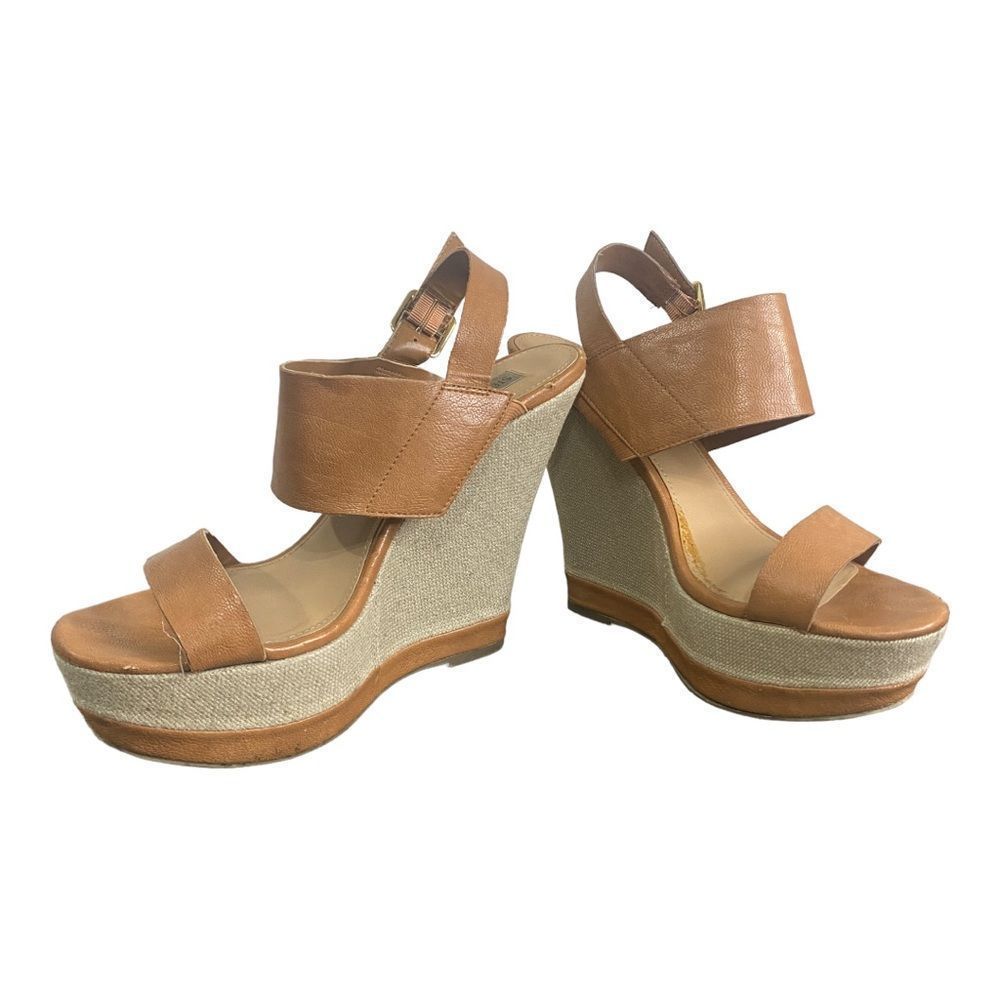 Steve Madden Warmthh Womens Cognac Leather Wedge Strappy Sandals Size 10